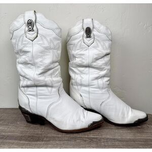 Vtg Zodiac USA White Leather Cowboy Boots 7.5M Metal Accents Western Rodeo